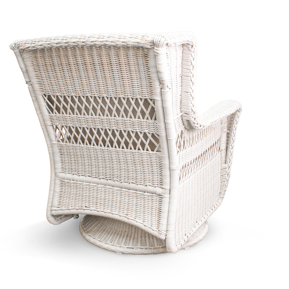 Park Meadows Wicker Outdoor Swivel Chair from back, showing diamond weave details and swivel base, in Central Erin Mills.