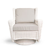 Park Meadows Wicker Outdoor Swivel Chair with diamond weave, weather-resistant cushions, and smooth 360° swivel, set in Oakville, ON.