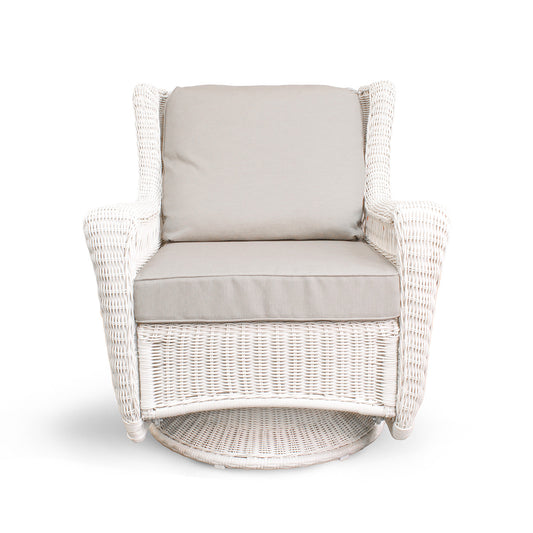 Park Meadows Wicker Outdoor Swivel Chair with diamond weave, weather-resistant cushions, and smooth 360° swivel, set in Oakville, ON.