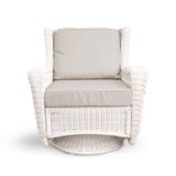 Park Meadows Wicker Outdoor Swivel Chair with diamond weave, weather-resistant cushions, and smooth 360° swivel, set in Oakville, ON.