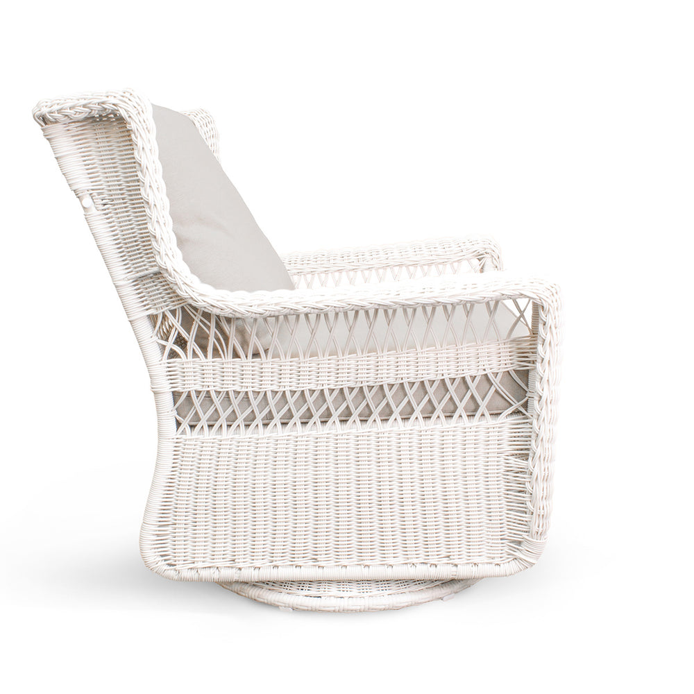 Park Meadows Wicker Outdoor Swivel Chair from right side, featuring diamond weave and swivel base, in Central Erin Mills.
