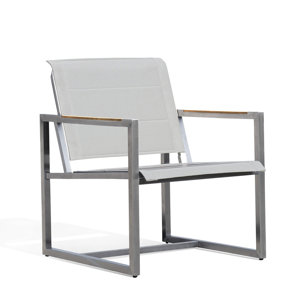 Side angle view of Pine Stainless Steel & Teak Outdoor Sling Chair highlighting its slim profile, ergonomic sling seating, and durable construction, Oakville, ON.