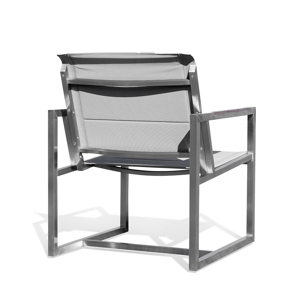 Back view of Pine Stainless Steel & Teak Outdoor Sling Chair: The clean and minimalist back design of the chair, with stainless steel framing and teak wood accents, emphasizing its sleek and durable construction for contemporary outdoor living spaces. Keywords: back view sling chair, teak and stainless steel furniture, modern patio chair.