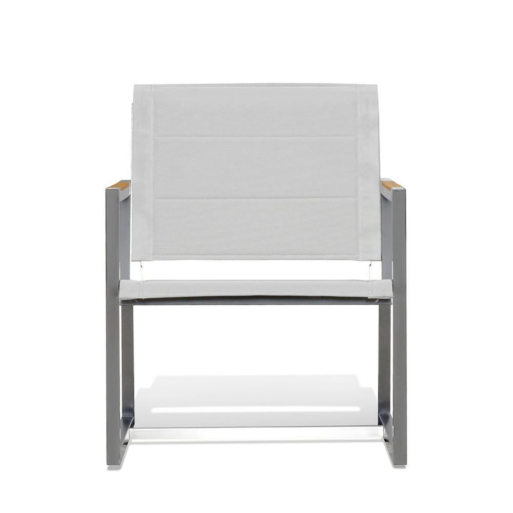 Front view of Pine Stainless Steel & Teak Outdoor Sling Chair featuring a sleek stainless steel frame, teak wood accents, and ergonomic Textilene seating with quick-dry foam inserts, Oakville, ON.