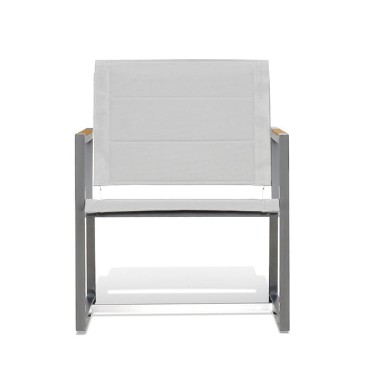 Front view of Pine Stainless Steel & Teak Outdoor Sling Chair featuring a sleek stainless steel frame, teak wood accents, and ergonomic Textilene seating with quick-dry foam inserts, Oakville, ON.