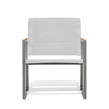 Front view of Pine Stainless Steel & Teak Outdoor Sling Chair featuring a sleek stainless steel frame, teak wood accents, and ergonomic Textilene seating with quick-dry foam inserts, Oakville, ON.