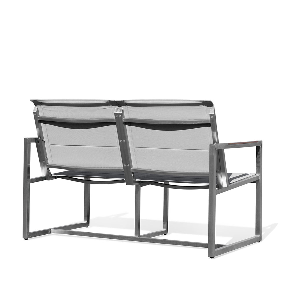 Back view of Pine Stainless Steel & Teak Outdoor Sling Loveseat: A sleek and modern outdoor loveseat with a minimalist stainless steel frame and natural teak wood accents. The back design highlights the clean lines and durable construction, perfect for contemporary patios and gardens. Keywords: back view loveseat, teak and stainless steel outdoor furniture, modern patio loveseat.