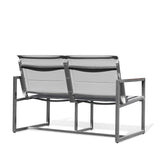 Back view of Pine Stainless Steel & Teak Outdoor Sling Loveseat: A sleek and modern outdoor loveseat with a minimalist stainless steel frame and natural teak wood accents. The back design highlights the clean lines and durable construction, perfect for contemporary patios and gardens. Keywords: back view loveseat, teak and stainless steel outdoor furniture, modern patio loveseat.