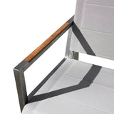 Back view of Pine Stainless Steel & Teak Outdoor Sling Chair showcasing a minimalist stainless steel frame with teak wood accents, Oakville, ON.