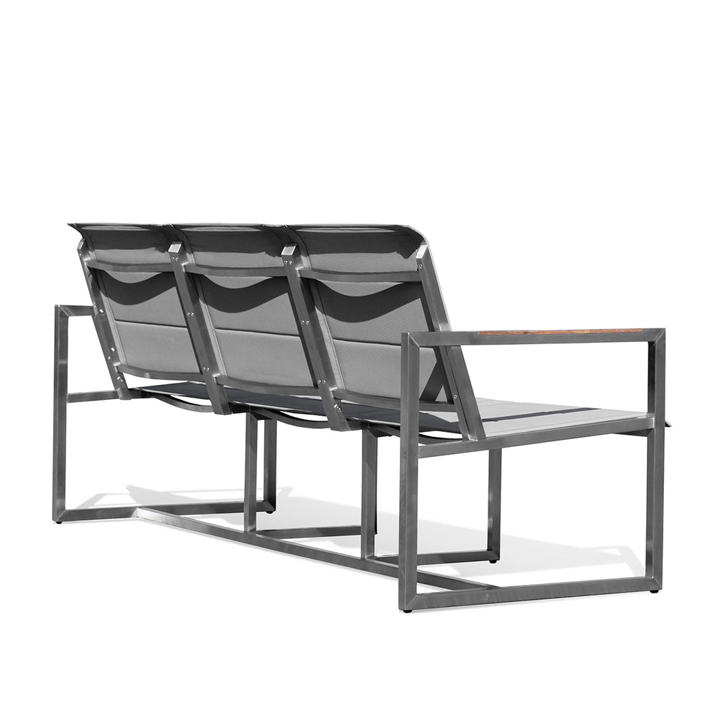 Back view of Pine Stainless Steel & Teak Outdoor Sling Sofa showcasing stainless steel frame with teak accents and ergonomic Textilene seating, Oakville, ON.