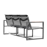 Back view of Pine Stainless Steel & Teak Outdoor Sling Sofa showcasing stainless steel frame with teak accents and ergonomic Textilene seating, Oakville, ON.