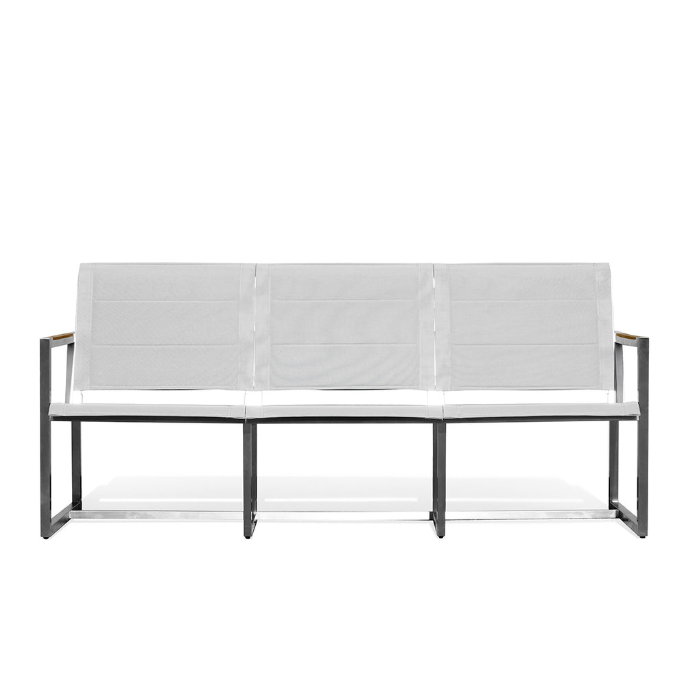 Pine Stainless Steel & Teak Outdoor Sling Sofa with slim profile, teak wood details, ergonomic Textilene seating, and quick-dry foam, Oakville, ON.