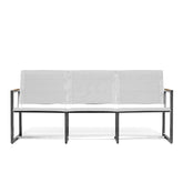 Pine Stainless Steel & Teak Outdoor Sling Sofa with slim profile, teak wood details, ergonomic Textilene seating, and quick-dry foam, Oakville, ON.