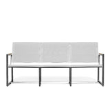 Pine Stainless Steel & Teak Outdoor Sling Sofa with slim profile, teak wood details, ergonomic Textilene seating, and quick-dry foam, Oakville, ON.