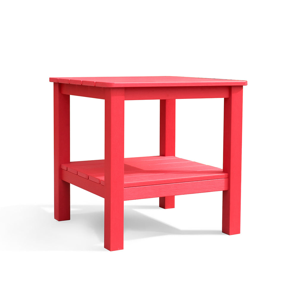 Polymer Outdoor End Table with shelf in red, featuring a wood grain finish, recycled plastic construction, and sturdy design, Oakville, ON.