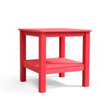 Polymer Outdoor End Table with shelf in red, featuring a wood grain finish, recycled plastic construction, and sturdy design, Oakville, ON.