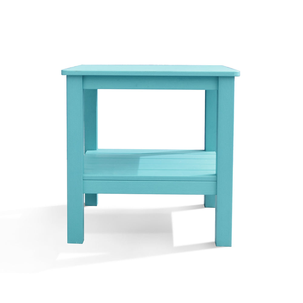 Polymer Outdoor End Table with shelf in teal, featuring a wood grain finish, recycled plastic construction, and durable design, Oakville, ON.