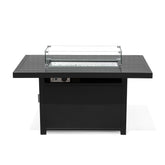 Aluminum 48-inch rectangular propane fire pit table with glass windguard and glass beads, perfect for outdoor dining and gatherings in Oakville, Ontario.