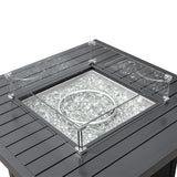Close-up view of the burner and glass windguard on the square aluminum propane fire pit table, perfect for Oakville, Ontario outdoor spaces.