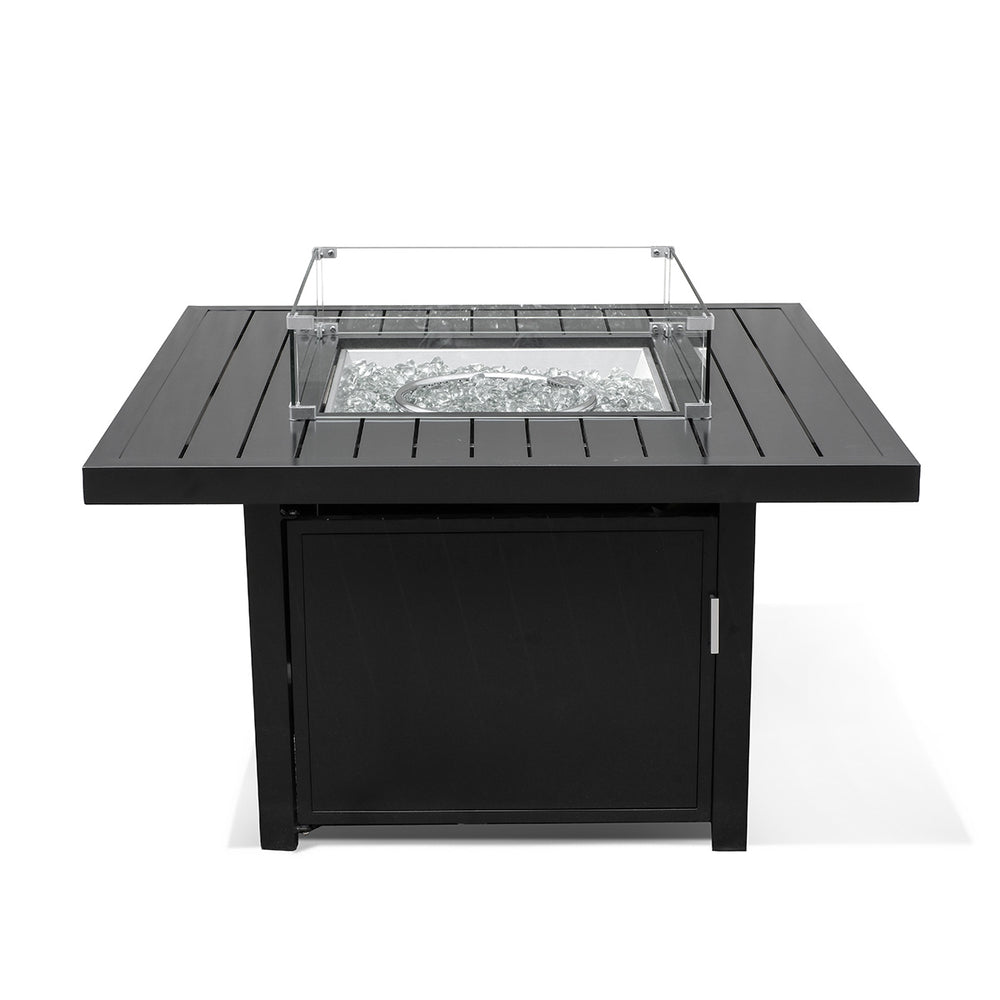 Aluminum square propane fire pit table with glass windguard, perfect for outdoor gatherings in Oakville, Ontario.