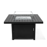 Aluminum square propane fire pit table with glass windguard, perfect for outdoor gatherings in Oakville, Ontario.