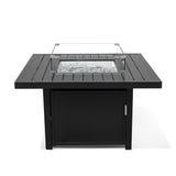 Aluminum square propane fire pit table with glass windguard, perfect for outdoor gatherings in Oakville, Ontario.
