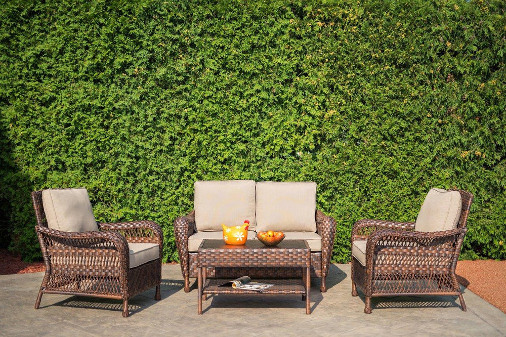Colossal 4-Piece Wicker Conversational Set with Sunbrella® cushions, 2 club chairs, 1 loveseat, and coffee table. Compact design, Clarkson.