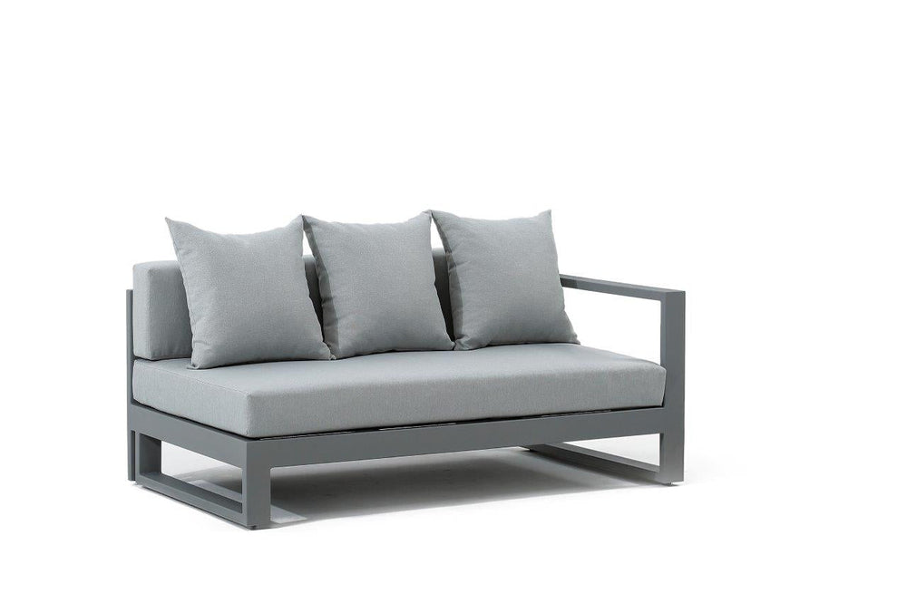 Right side view of the sectional set with sleek aluminum frame and teak wood inserts, offering a modern, comfortable lounging experience.