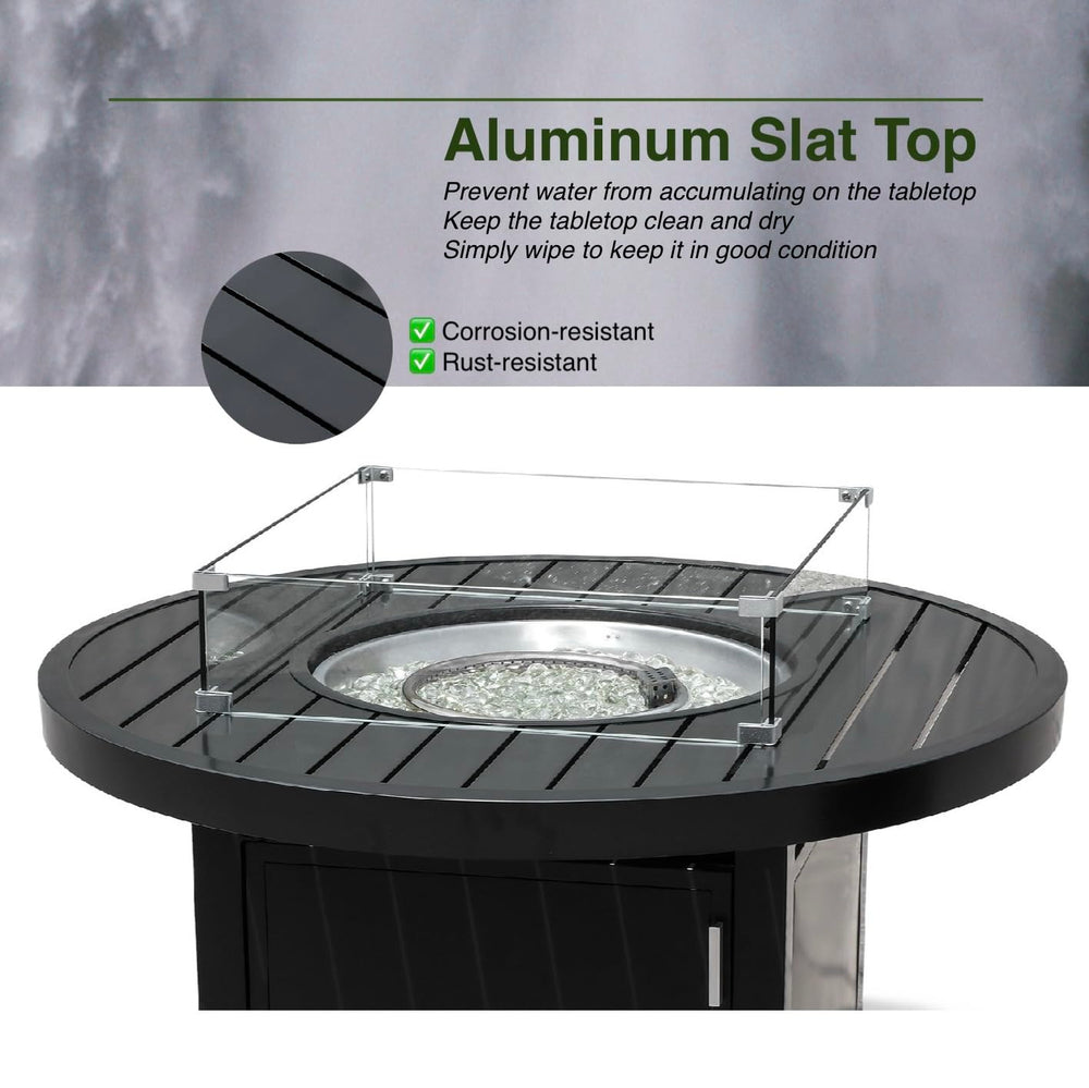 Close-up view of Aluminum Propane 42" Round Outdoor Fire Pit Table showcasing the heat-efficient glass beads and a durable glass windguard to maintain a steady flame, Oakville, ON.