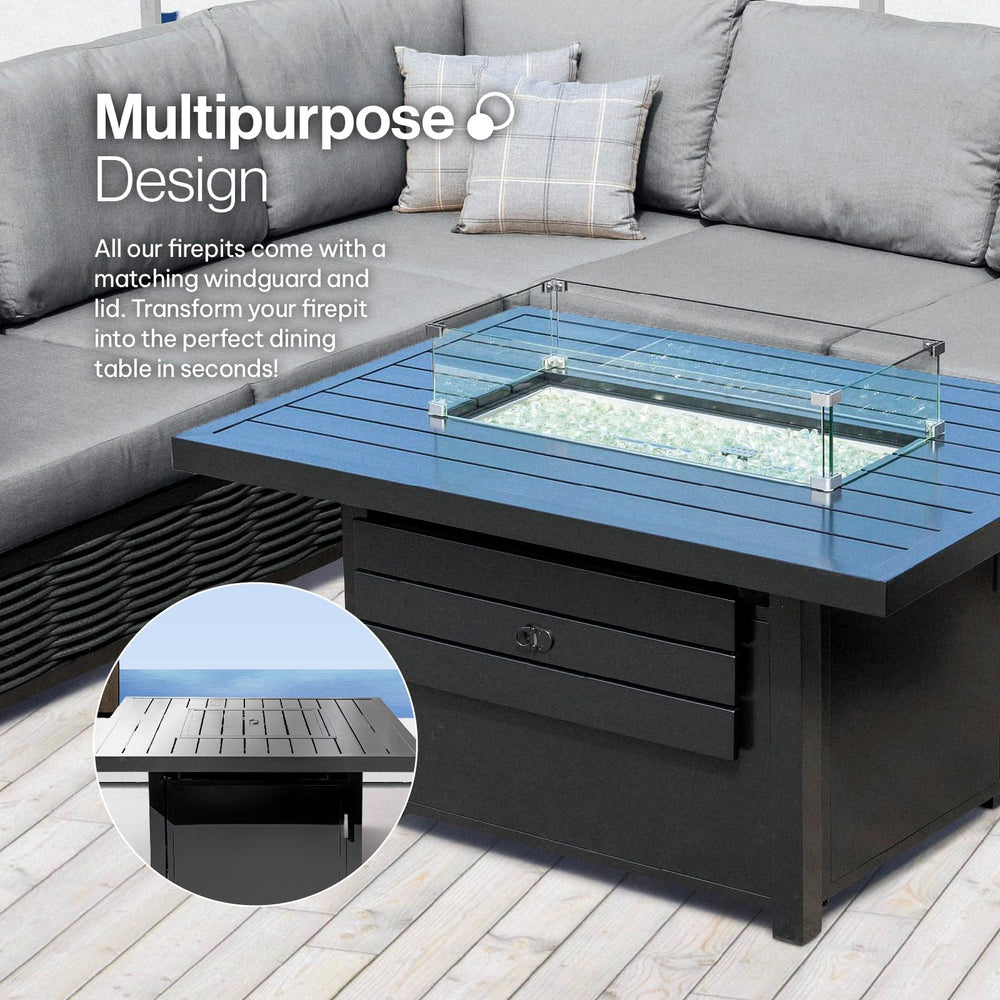 Side angle view of Aluminum Propane 42" Square Outdoor Fire Pit Table emphasizing its 50,000 BTU CSA-certified stainless steel burner and rust-resistant construction, Oakville, ON.