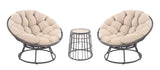 Blakeley 3-piece wicker outdoor bistro set featuring two Papasan chairs with plush weather-resistant cushions and a glass-top table, ideal for patios in Oakville, Ontario.