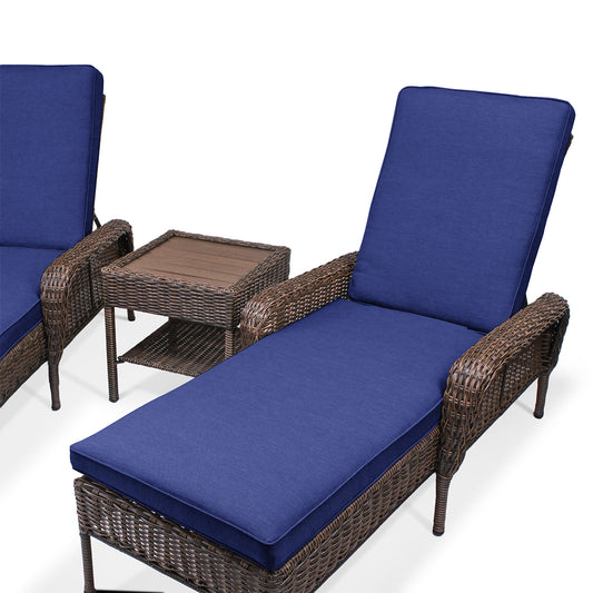 Close-up of the Cambridge Wicker Outdoor Chaise Lounge Set's end table, highlighting its durable all-weather resin wicker construction and sleek, versatile design, Oakville, ON.