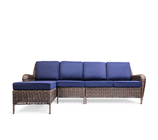 Front view of Cambridge 5-Piece Wicker Outdoor Left Arm Chaise Sectional featuring a left arm chaise, armless middle chair, right arm loveseat, coffee table, and end table with classic all-weather wicker weave and plush weather-resistant cushions, Oakville, ON.