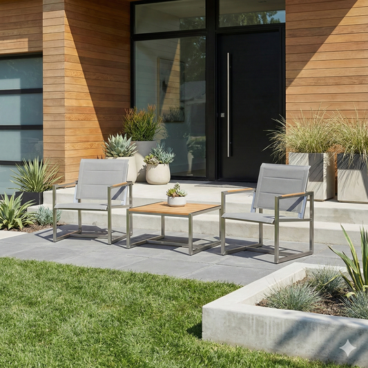 Pine Stainless Steel & Teak Outdoor Sling 2 Chairs Bistro Set