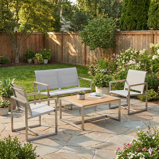 Pine Stainless Steel & Teak Outdoor Sling Loveseat Set