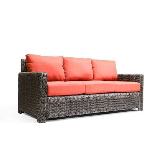 Close-up of left corner armrest and seat of Laguna Point wicker outdoor sofa, showcasing plush cushions and sturdy frame, perfect for Oakville patios.