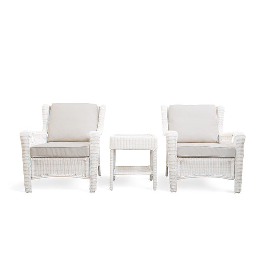 Park Meadows 3-Piece Wicker Outdoor Club Chair Bistro Set with white cream finish, including 2 chairs and end table, perfect for outdoor lounging in Oakville.
