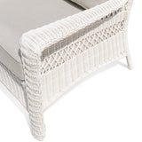 Close-up of the left armrest of Park Meadows Outdoor Chair, highlighting the detailed white cream wicker and plush cushion.
