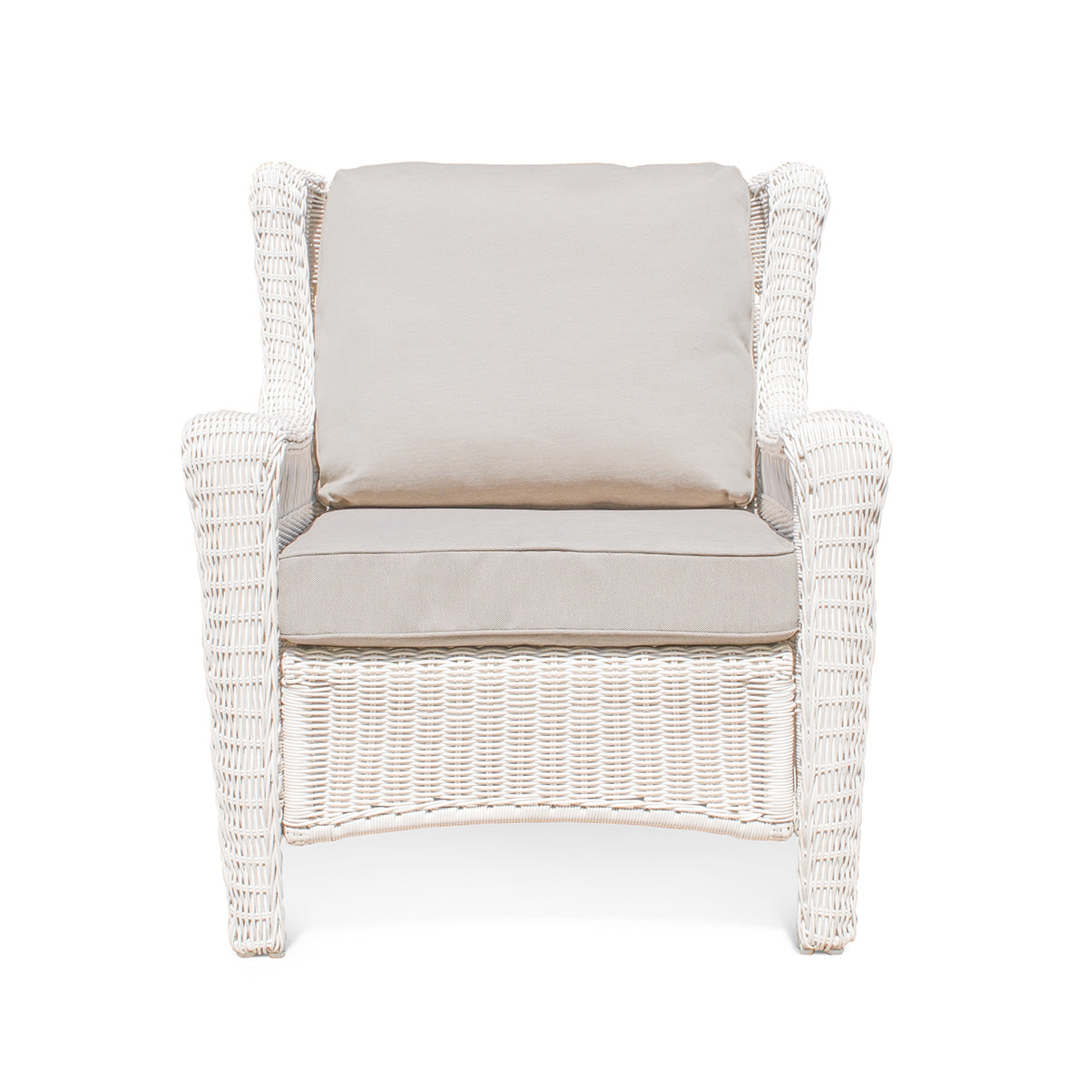 Park Meadows Wicker Outdoor Club Chair in white cream finish, featuring diamond weave details, wide arms, and deep seating. Oakville, ON.
