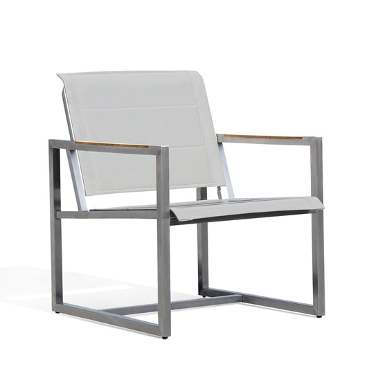  Side angle view of Pine Stainless Steel & Teak Outdoor Sling Chair highlighting its slim profile, ergonomic sling seating, and durable construction, Oakville, ON.