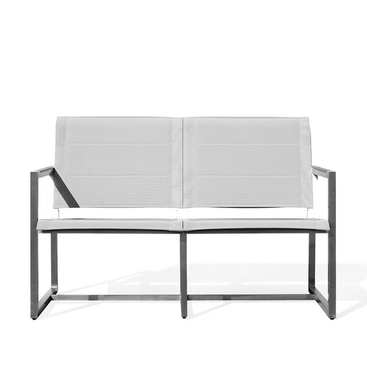 Pine Stainless Steel & Teak Outdoor Sling Loveseat with slim stainless steel frame, teak wood accents, ergonomic Textilene seating, and quick-dry foam inserts, Oakville, ON.
