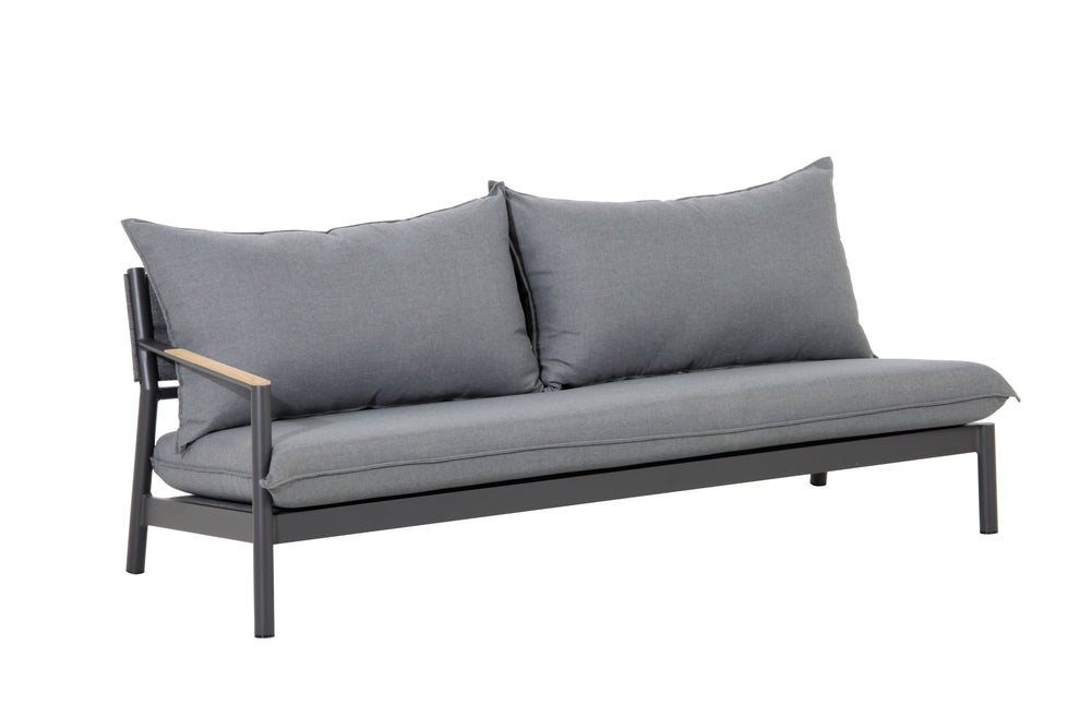 Right arm loveseat from the Monti 4-Piece Aluminum Outdoor Sectional Set, featuring wide seating and teak wood arm inserts, in Oakville.